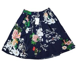 Grace Karin Navy Floral A-Line Pleated‎ Skirt Women's Size M NWT Retro Midi